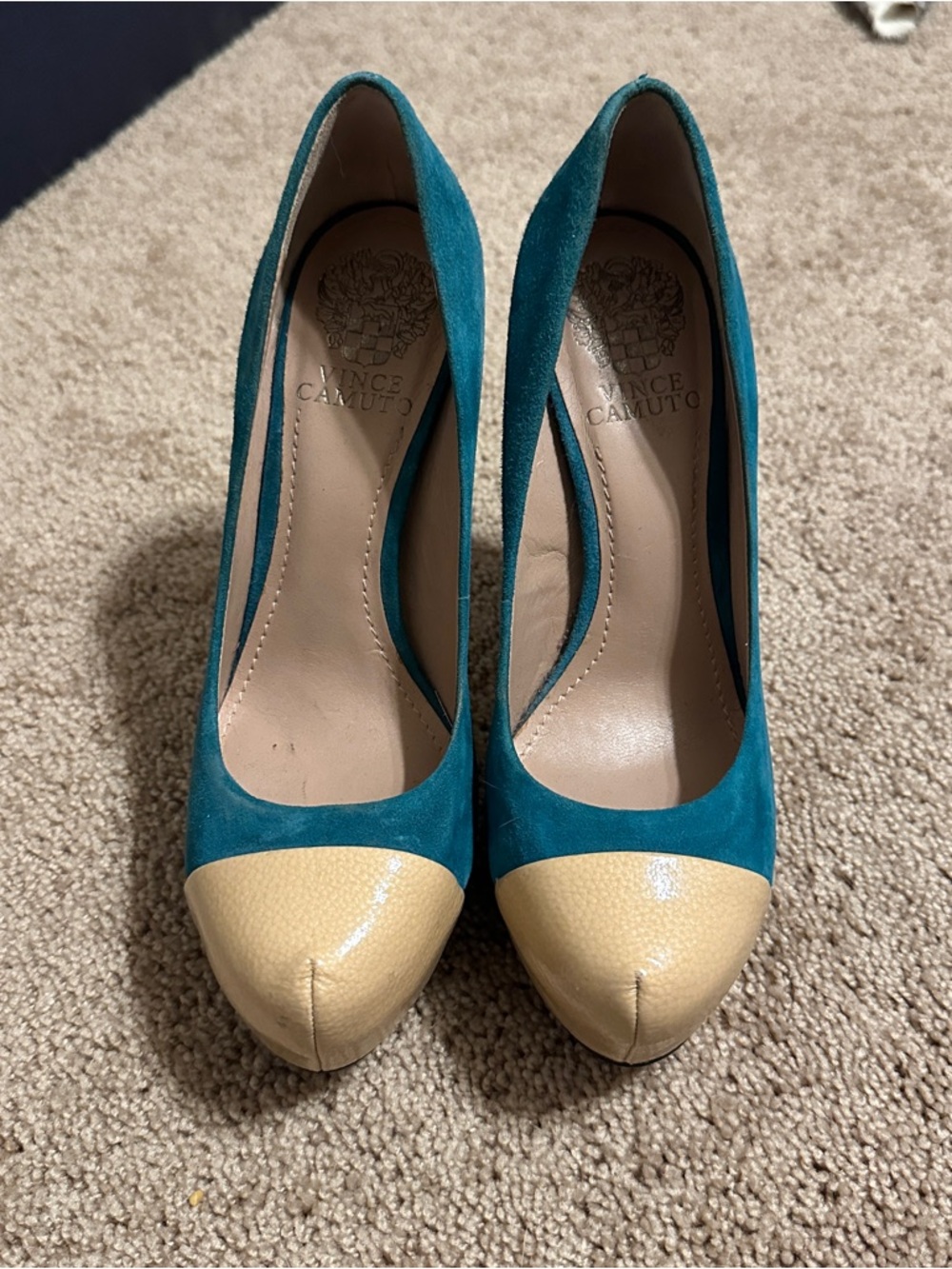 Vince Camuto Teal and Gray Suede Pumps with Cream Cap Toe